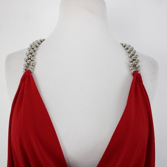 Cache Sz XS Red Silver Beads Racer Back Draped Polyester Spandex Dress - Picture 10 of 14